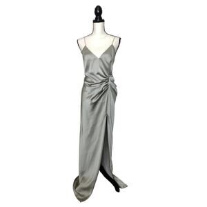 Asos EDITION Gown Satin Maxi Gathered Side Thigh Slit Silver Sage Plunge Back 6